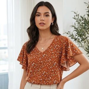 Women’s Rust Floral V-Neck